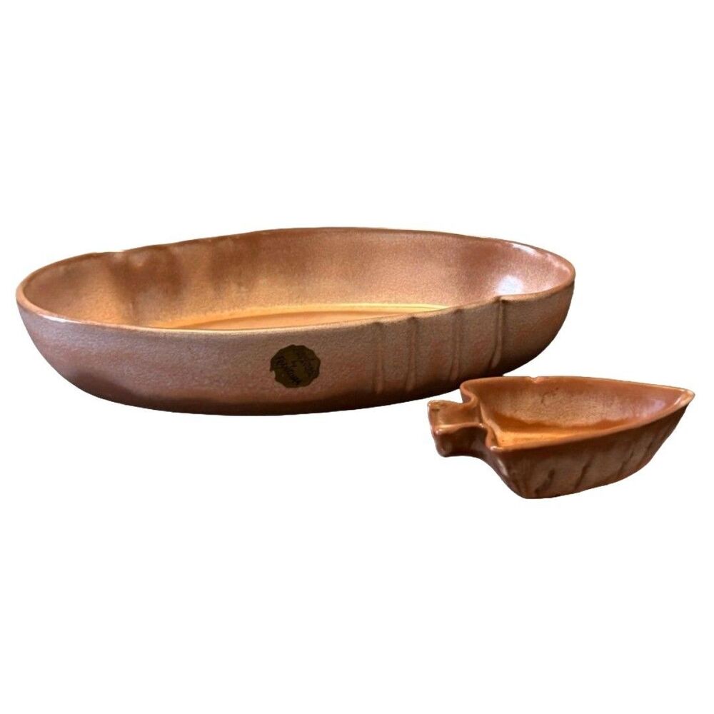 Vintage Frankoma Pottery Arrowhead Ashtray & #205 Platter Peach Brown Set